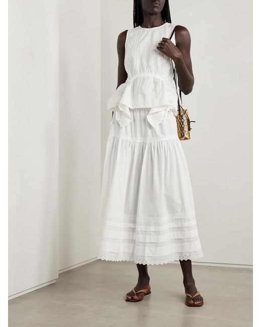 Sea White Camden Ruched Embroidered Cotton-Poplin Peplum Top