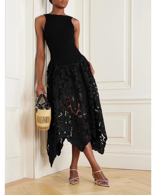 Aje. Black Atlas Asymmetric Ribbed-Knit And Guipure Lace Midi Dress