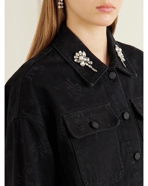 Simone Rocha Black Crystal-Embellished Floral-Print Denim Jacket