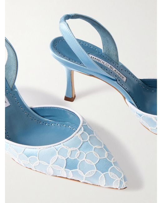 Manolo Blahnik Blue Carolyne 70 Satin And Lace Slingback Pumps