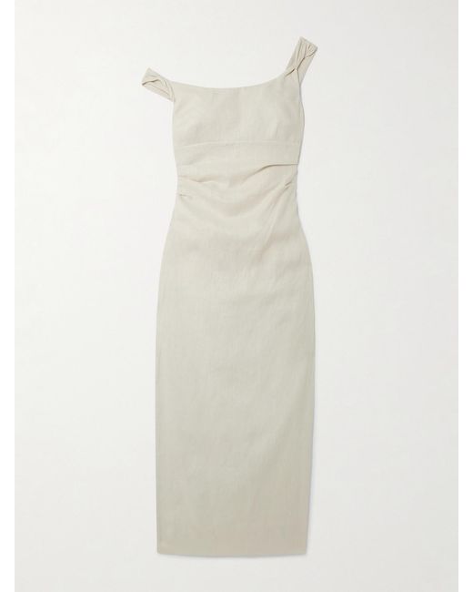Sir White Twisted Gathered Linen Midi Dress