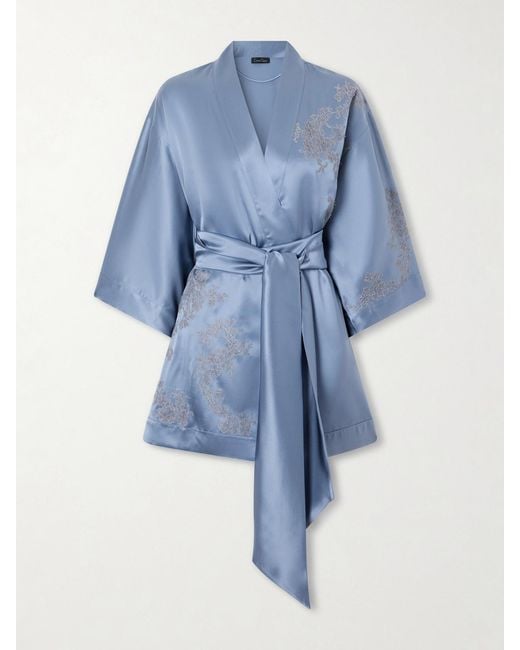 Carine Gilson Blue Lace-Embroidered Silk-Satin Robe