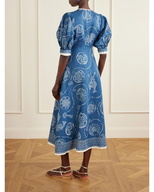 ALÉMAIS Blue Lucky Printed Linen Midi Dress