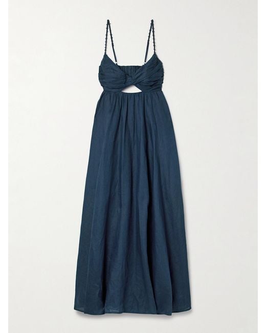 Zimmermann Blue Ascension Bead-Embellished Cutout Pleated Linen Midi Dress
