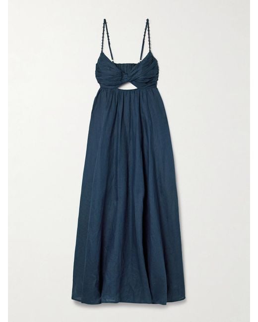 Zimmermann Blue Ascension Bead-Embellished Cutout Pleated Linen Midi Dress