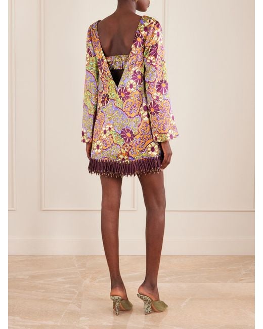 ALÉMAIS Multicolor Floral-Print Fringed Satin Mini Dress
