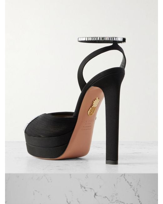 Aquazzura Black Be Mine Plateau 130 Crystal-Embellished Grosgrain-Trimmed Pleated Chiffon Platform Sandals