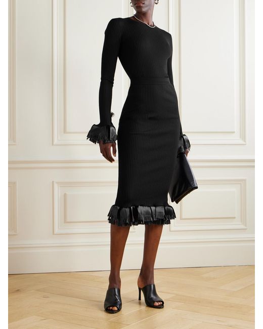 FFORME Black Riley Satin-Trimmed Ribbed Wool-Blend Skirt