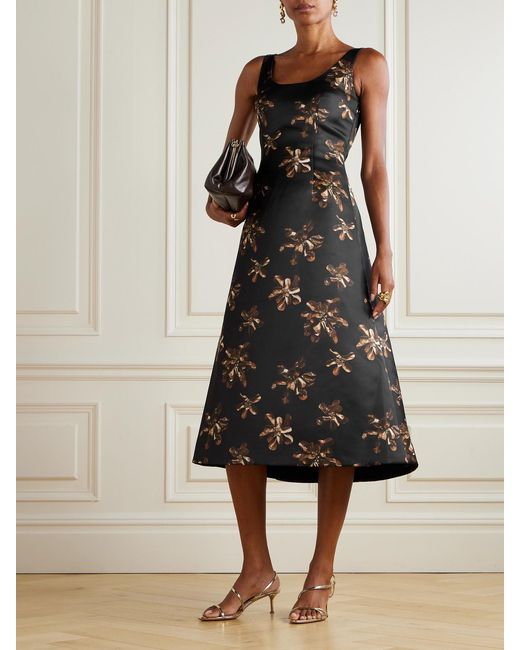 Emilia Wickstead Black Tippi Floral-Print Satin Midi Dress