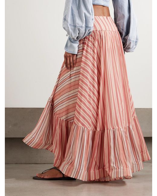 Zimmermann Pink Rebellion Bohemian Asymmetric Tiered Striped Georgette Skirt