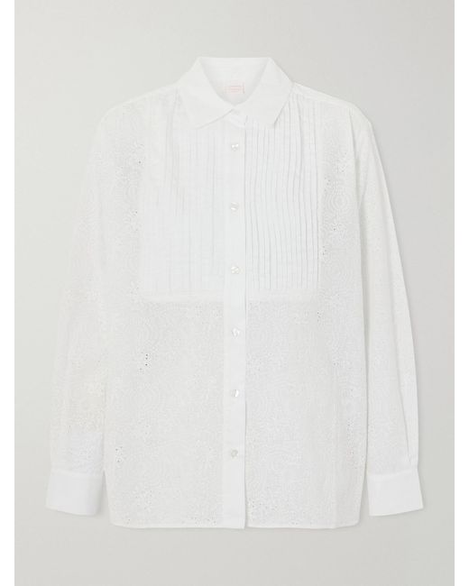 Loretta Caponi White Arabelle Pleated Broderie Anglaise Cotton Shirt