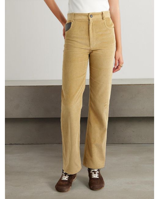 Bottega Veneta Natural Leather-Trimmed Cotton-Corduroy Straight-Leg Pants