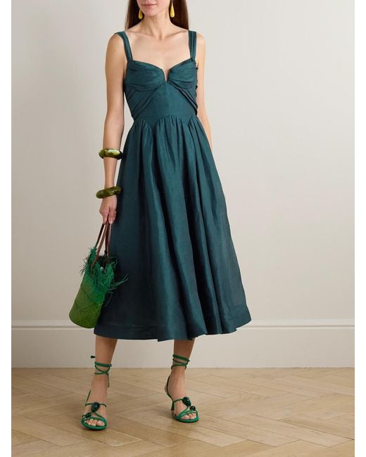Zimmermann Blue Rebellion Linen And Silk-Blend Bustier Midi Dress