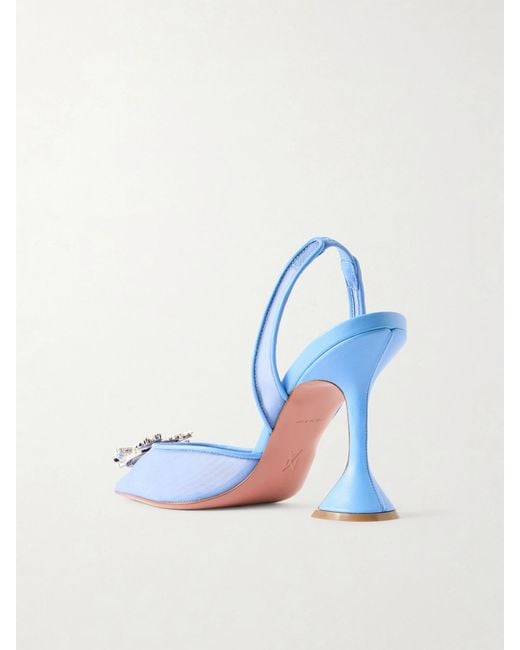 AMINA MUADDI Blue Begum Leather-Trimmed Crystal-Embellished Mesh Slingback Pumps