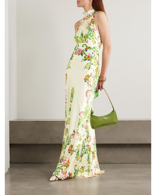 Saloni Metallic Michelle Floral-Print Hammered-Silk Halterneck Gown