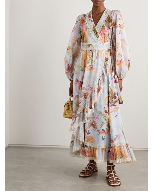 Zimmermann White Ascension Lace-Trimmed Tiered Printed Cotton-Voile Midi Wrap Dress