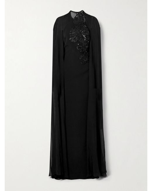 Elie Saab Black Cape-Effect Embellished Silk-Crepe And Silk-Chiffon Gown
