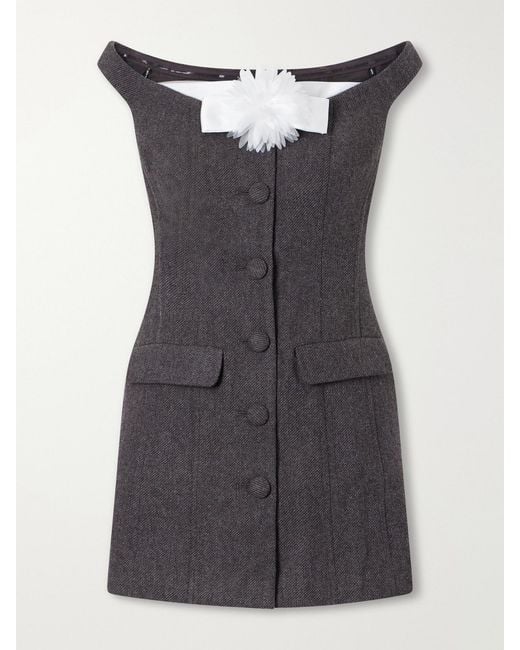 Self-Portrait Black Flower-Appliquéd Wool-Blend Off-The-Shoulder Mini Dress