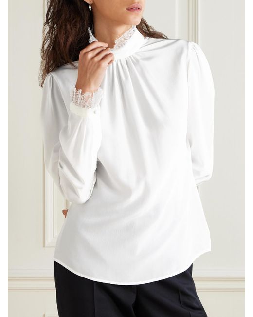 Alexander McQueen White Ruffled Lace-Trimmed Silk Crepe De Chine Blouse