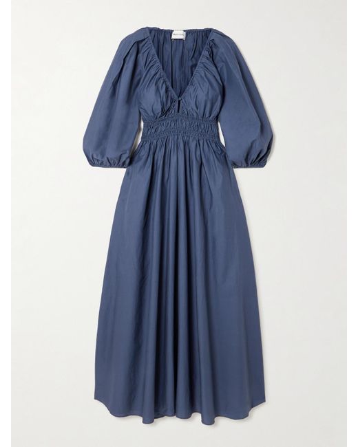 Matteau Blue Shirred Organic Cotton-Poplin Maxi Dress