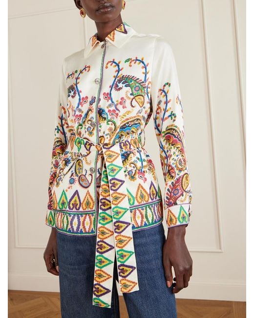 Etro White Safari Belted Paisley-Print Satin-Twill Jacket