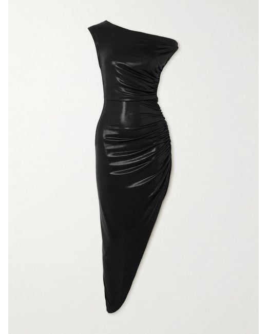 Norma Kamali Black Asymmetrisches Midikleid Aus Stretch-Lamé Mit Raffung