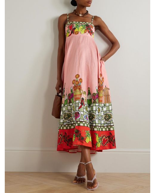 ALÉMAIS White Contessa Printed Linen Midi Dress