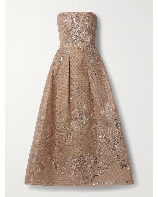 Elie Saab Natural Strapless Sequined Embroidered Tulle Midi Dress
