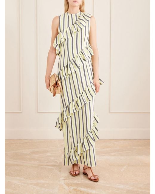 Marrakshi Life White Spiral Ruffled Striped Cotton Maxi Dress