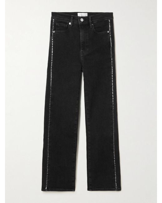 FRAME Black Le Sleek Embellished Cropped High-Rise Straight-Leg Jeans