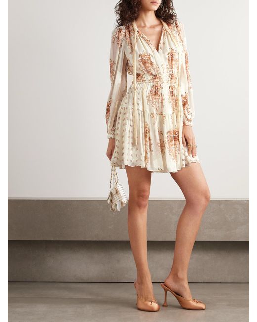 Mini-Robe En Crépon De Soie Mélangée Imprimé À Fronces, Smocks Et Liens Maris Ulla Johnson en coloris Natural