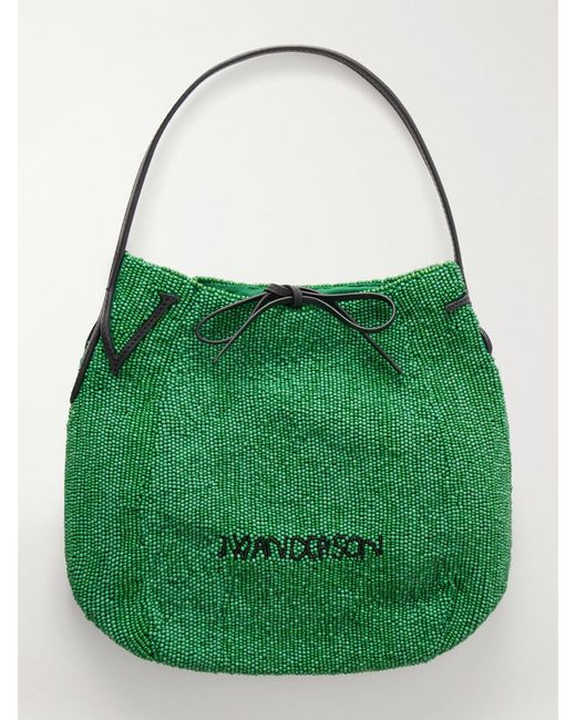 J.W. Anderson Green Bead-Embellished Leather-Trimmed Canvas Tote