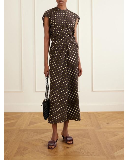 Marni Brown Ruched Polka-Dot Silk-Blend Midi Dress