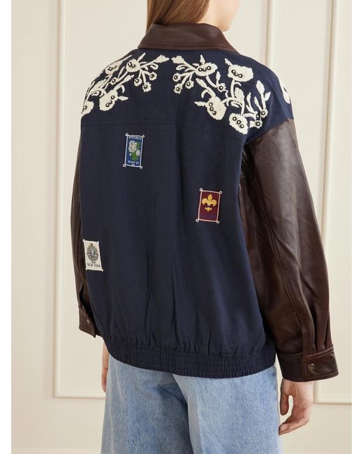 Sea Blue Georgie Embroidered Cotton-Canvas And Leather Jacket