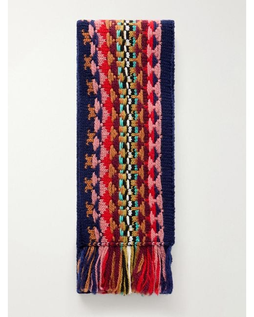 Dries Van Noten Red Fringed Intrasia-Knit Wool Scarf