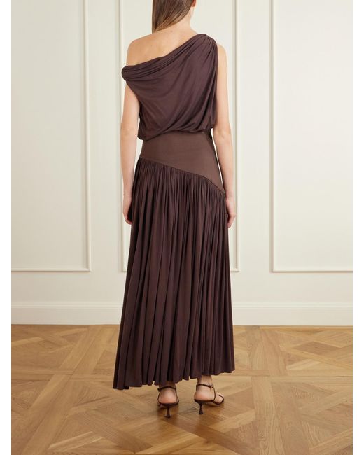Abadia Brown Gwen One-Shoulder Asymmetric Draped Jersey-Trimmed Stretch-Bamboo Maxi Dress