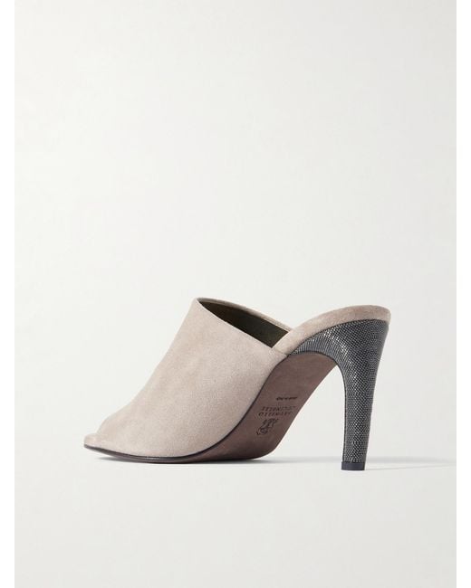 Brunello Cucinelli White 80 Bead-Embellished Suede Mules
