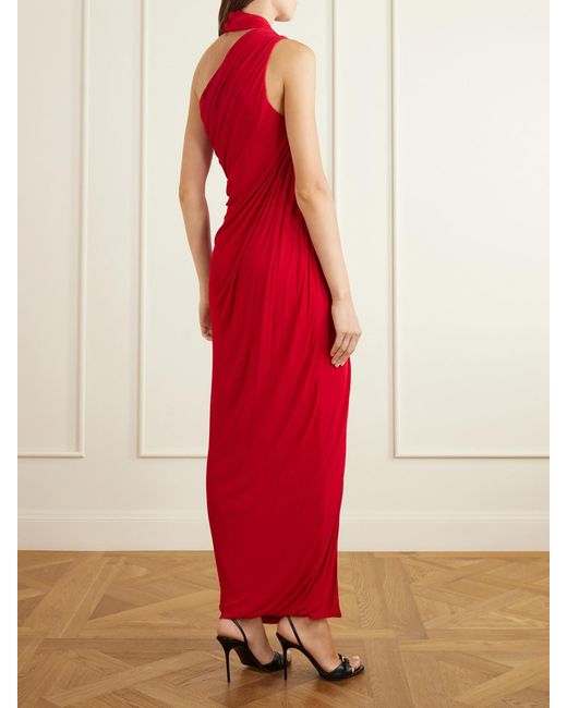 Balmain Red Draped Halterneck Jersey Maxi Dress
