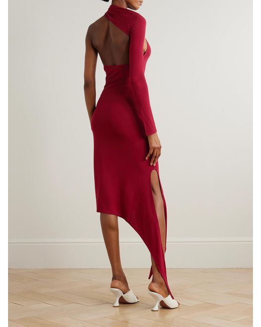Courreges Red Cutout One-Sleeve Crepe-Jersey Midi Dress