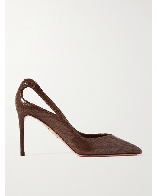 Aquazzura Brown Sheeva 85 Pumps Aus Leder Mit Schlangeneffekt Und Cut-Out