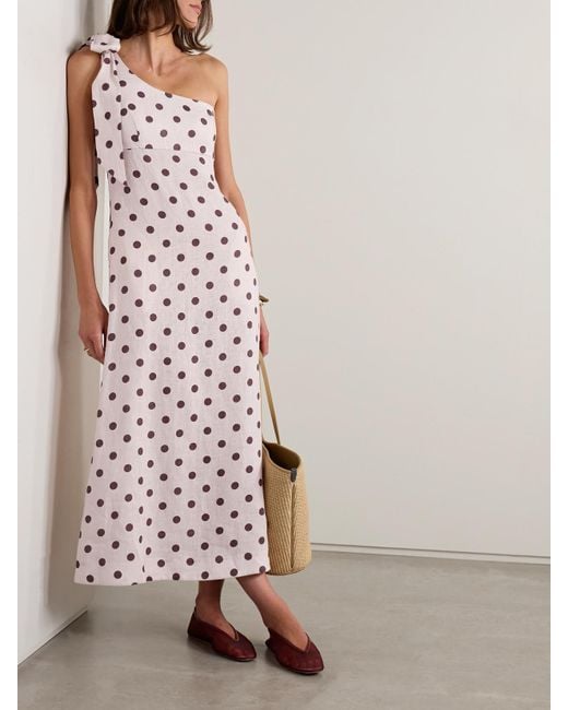 Zimmermann White Acacia One-Shoulder Bow-Embellished Polka-Dot Linen Midi Dress