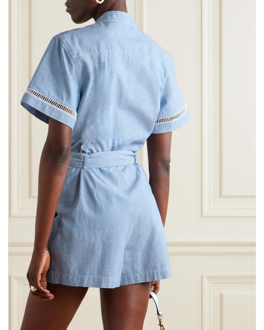Chloé Blue Belted Crochet-Trimmed Cotton-Chambray Playsuit