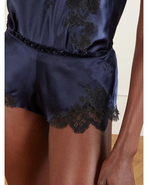 Carine Gilson Blue Lace-Trimmed Silk-Satin Shorts