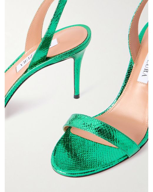 Aquazzura Green So Nude 85 Metallic Snake-Effect Leather Slingback Sandals