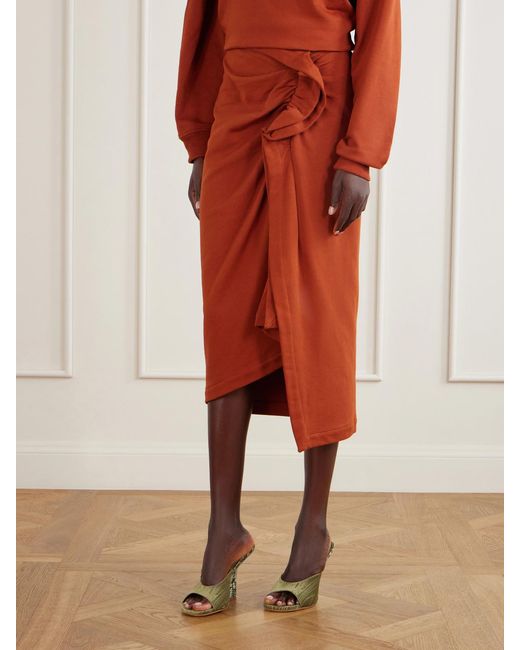 Dries Van Noten Orange Draped Cotton-Jersey Midi Skirt