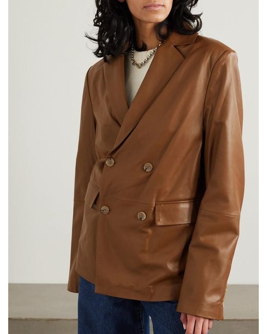 Loulou de Saison Brown Net Sustain Davao Double-Breasted Leather Blazer