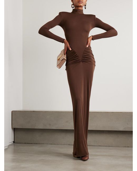 The New Arrivals Ilkyaz Ozel Brown Darja Draped Stretch-Jersey Gown