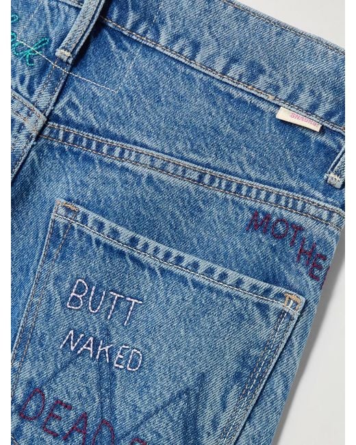 Mother Blue Double Dip Nerdy Embroidered Mid-Rise Wide-Leg Jeans
