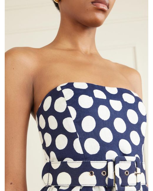 Cara Cara Blue Tilda Strapless Belted Peplum Polka Dot Linen Top