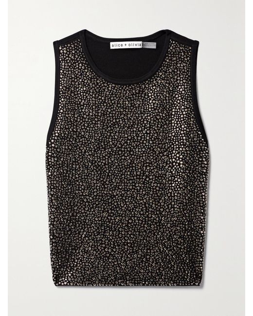 Alice + Olivia Black Darina Cropped Crystal-Embellished Stretch-Knit Top